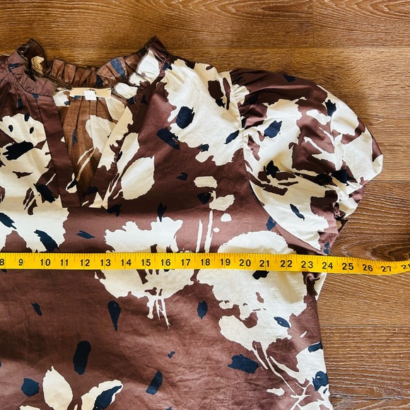 Entro XL Floral Puff Sleeve Blouse Brown Cream Ruffle Neck Boho Boutique Top - Picture 6 of 7